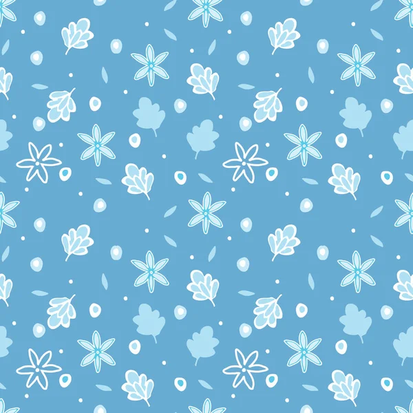 Winter Flowers Seamless Vector Pattern Blue Background Snowflakes Leaves — Stock Vector