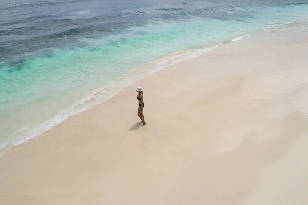 空中无人机鸟瞰美丽的女孩在阳光明媚的热带海滩上享受乐趣 塞舌尔 — 图库照片