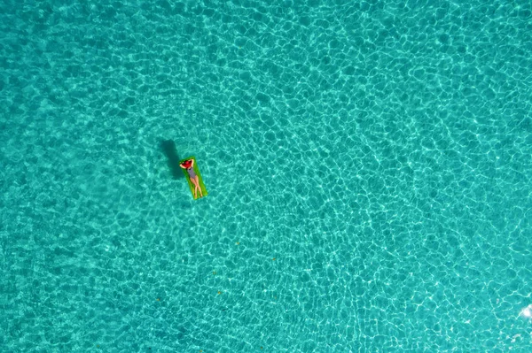 Aerial View Slim Woman Swimming Swim Mattress Transparent Turquoise Sea — Stock Photo, Image