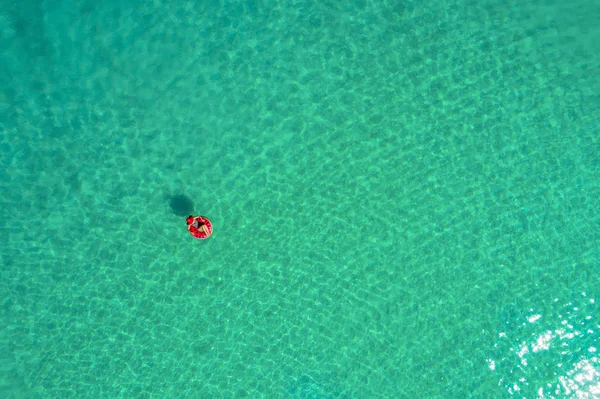 Aerial View Slim Woman Swimming Swim Ring Donut Transparent Turquoise — Stock Photo, Image