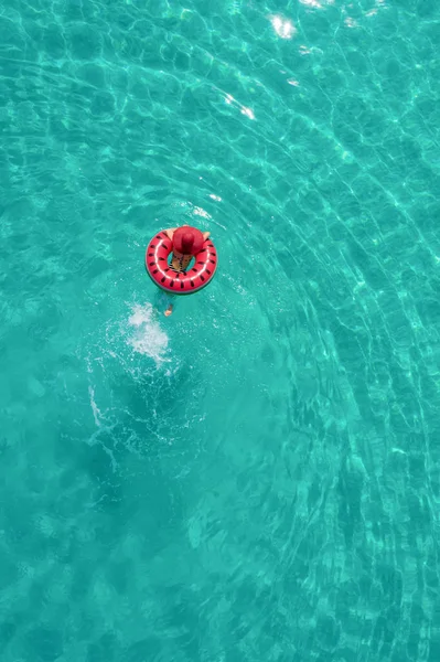 Aerial View Slim Woman Swimming Swim Ring Donut Transparent Turquoise — Stock Photo, Image