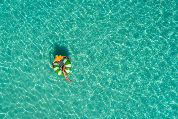 Aerial View Slim Woman Swimming Swim Ring Donut Transparent Turquoise — Stock Photo, Image