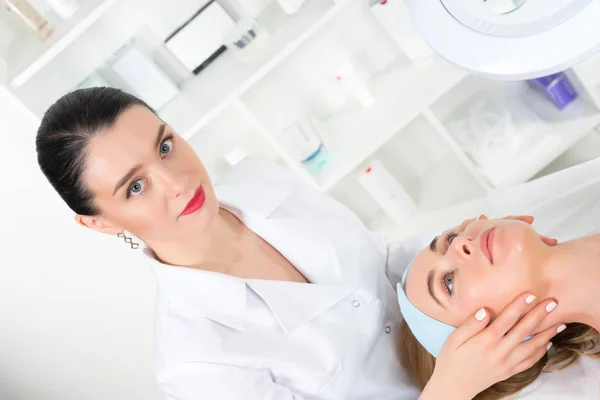 Female Beautician Doctor Patient Wellness Center Professional Cosmetologist Make Procedure — Stock Photo, Image