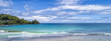 Tropikal Plajı ile deniz ve uçak alınan palmiye. Plaj ve deniz fotoğraf. Romantik plaj havadan görünümü.