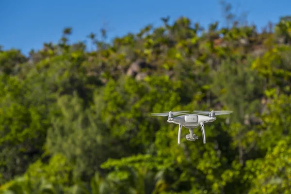 Drone Voo Árvores Verdes Segundo Plano Foco Seletivo Drone — Fotografia de Stock