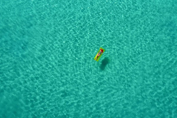 Aerial View Slim Woman Swimming Swim Mattress Transparent Turquoise Sea — Stock Photo, Image