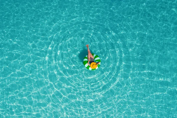 Aerial View Slim Woman Swimming Swim Ring Donut Transparent Turquoise — Stock Photo, Image