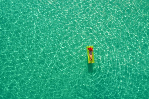 Aerial View Slim Woman Swimming Swim Mattress Transparent Turquoise Sea — Stock Photo, Image