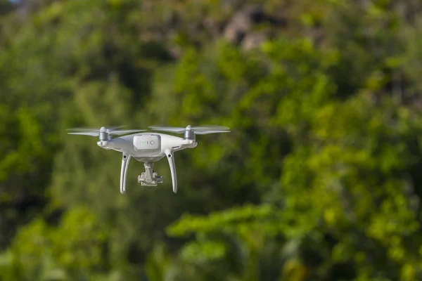 Drohne Flug Grüne Bäume Hintergrund Selektiver Fokus Auf Die Drohne — Stockfoto