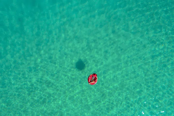 Aerial View Slim Woman Swimming Swim Ring Donut Transparent Turquoise — Stock Photo, Image