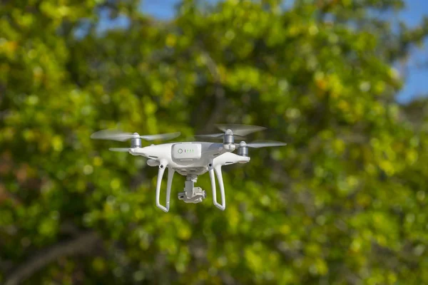 Drone Vol Arbres Verts Arrière Plan Accent Sélectif Sur Drone — Photo