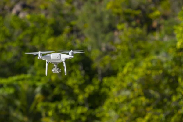 Drone Vol Arbres Verts Arrière Plan Accent Sélectif Sur Drone — Photo