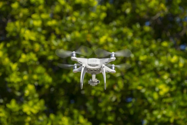 Drone Vol Arbres Verts Arrière Plan Accent Sélectif Sur Drone — Photo