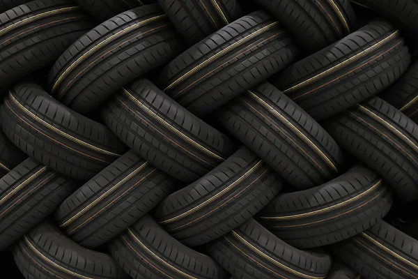 Pilha de pneus de carro com sombra profunda de visão. Ótimo para backgroun — Fotografia de Stock