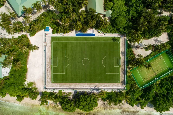 Aerial top view play-field. Empty soccer stadium green field fro