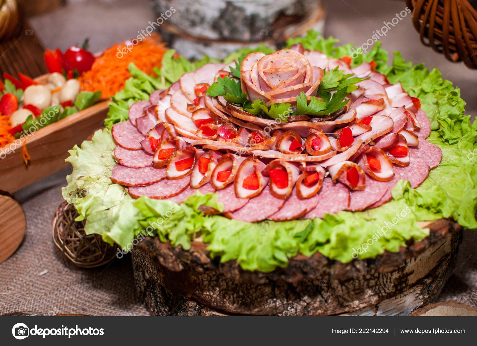 Sausages Salad Decoration Wooden Table Stock Photo