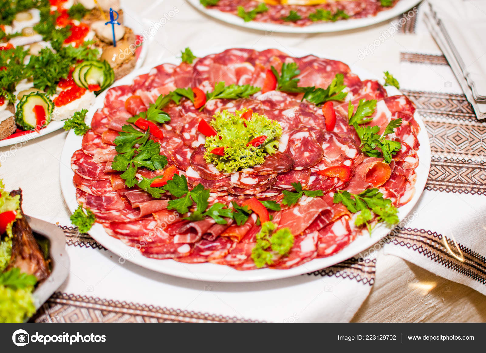 Sausages Salad Decoration Wooden Table Stock Photo