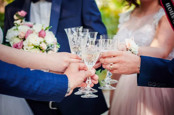 Noiva Noivo Segurando Copos Champanhe Com Convidados — Fotografia de Stock
