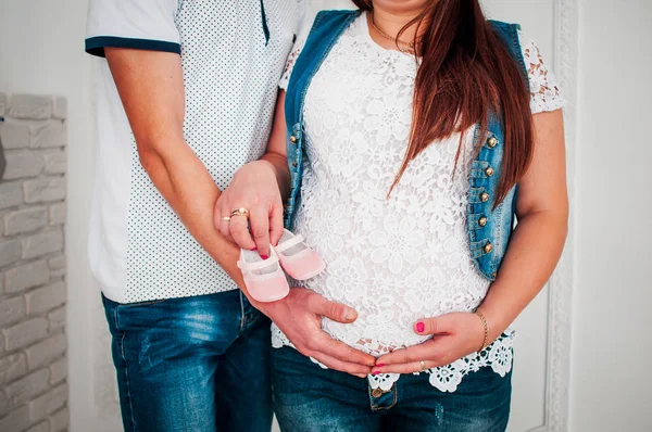 Husband Wife Holding Shoes Belly Hands — Stock Photo, Image