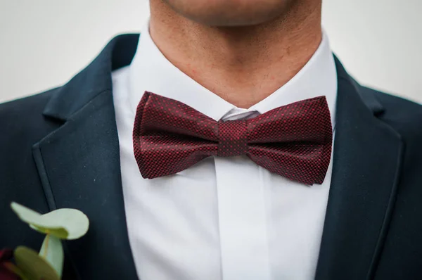 Donker rode bowtie op de nek van de grooms — Stockfoto