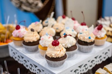Beyaz stand üzerinde beyaz tatlı cupcakes
