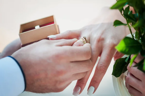 Brudgummen bär guld vigselring på brudar finger — Stockfoto