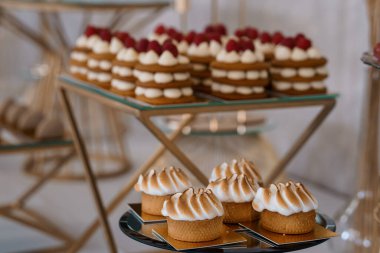 Göz kamaştırıcı yakın çekim gösterileri ahududu kremalı pastalar ve altın katlı tezgahlarda sunulan beyaz kremalı tatlılar düğün kutlamaları için mükemmel.