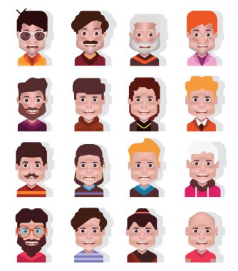 Beyaz 01'de yalıtılmış 16 avatar simgesinden oluşan set