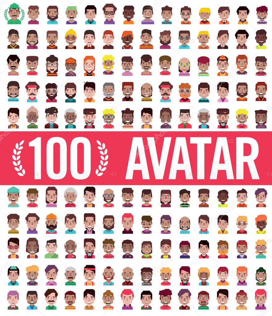 Set of 100 men and women avatars in flat design.(White backgroun