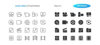 Ses Video UI piksel mükemmel iyi hazırlanmış vektör ince çizgi ve düz simgeler 30 2 x kılavuz Web grafikleri ve Apps. Basit en az piktogram 