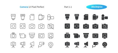 Kamera UI piksel mükemmel iyi hazırlanmış vektör ince çizgi ve düz simgeler 30 2 x kılavuz Web grafikleri ve Apps. Basit en az piktogram