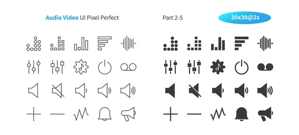 Audio Video Pixel Perfecto Vector Bien Elaborado Línea Delgada Iconos — Vector de stock