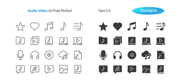 Audio Videóinak Pixel Tökéletes Jól Kialakított Vektor Vékony Vonal Szilárd — Stock Vector