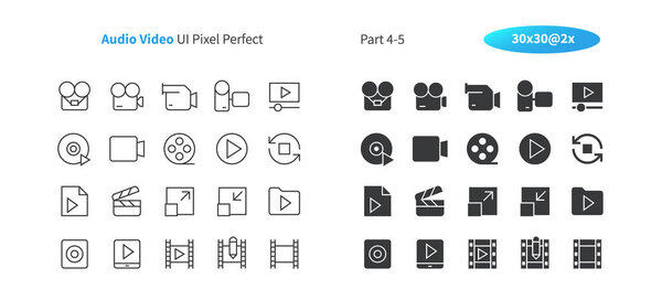 Аудио видео пользовательский интерфейс Pixel Perfect Хорошо продуманная векторная тонкая линия и 30-дюймовые экраны для веб-графики и видео. Минимальная пиктограмма
 
