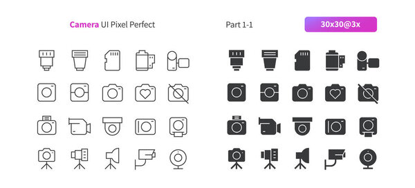 Камера пользовательского интерфейса Pixel Perfect Well-cracked Vector Thin Line и 30 3x Grid для веб-графики и видео. Минимальная пиктограмма
