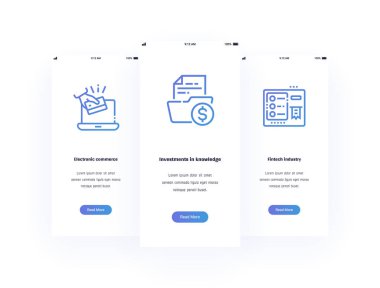 Elektronik ticaret, bilgi, Fintech endüstri dikey kartları güçlü metaforlar ile yatırımları. Web sitesi tasarımı için şablon.