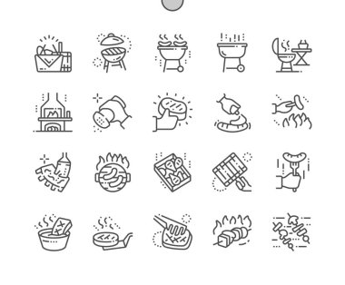 Barbekü iyi hazırlanmış piksel mükemmel vektör ince çizgi simgeler 30 2 x kılavuz Web grafikleri ve Apps. Basit en az piktogram