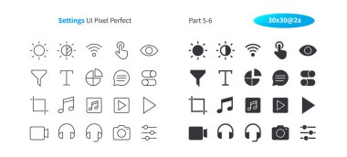 Ayarları kullanıcı arabirimi piksel mükemmel iyi hazırlanmış vektör ince çizgi ve düz simgeler 30 2 x kılavuz Web grafikleri ve Apps. Basit en az piktogram Bölüm 5-6