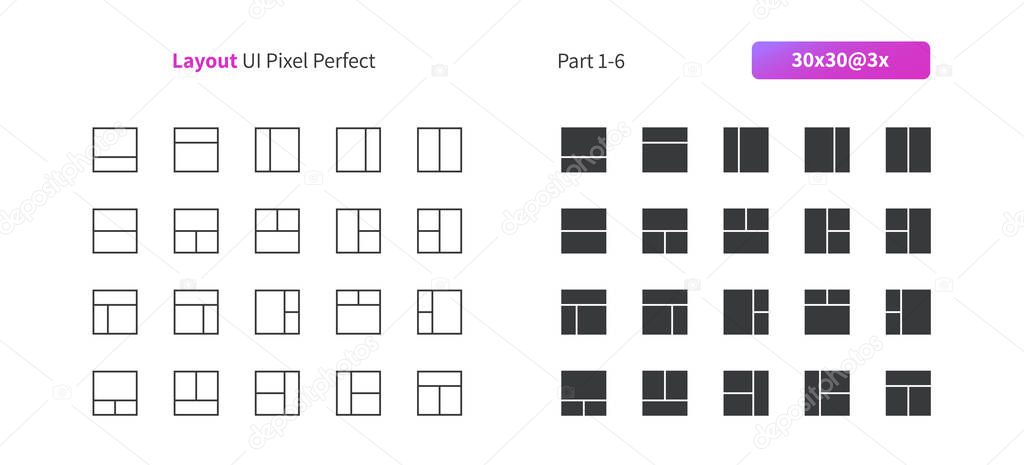 Layout UI Pixel Perfect Well-crafted Vector Thin Line And Solid Icons 30 3x Grid for Web Graphics and Apps. Simple Minimal Pictogram Part 1-6