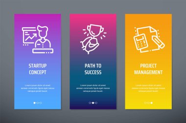 Başlangıç kavramı, başarısı, proje yönetimi dikey kartları güçlü metaforlar ile yol. Web sitesi tasarımı için şablon.