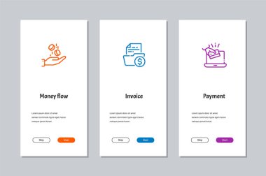 Para akışı, fatura, ödeme onboarding ekranlar güçlü metaforlar ile