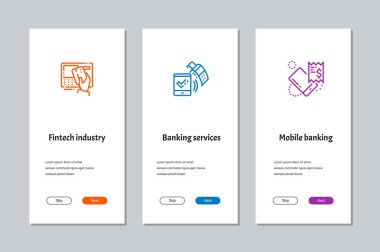 Fintech sanayi, bankacılık hizmetleri, mobil onboarding ekranlar güçlü metaforlar ile bankacılık