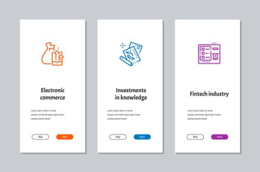 Elektronik ticaret, bilgi, Fintech sanayi onboarding ekranlar güçlü metaforlar ile yatırımları