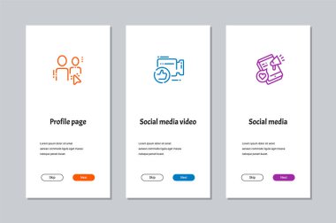 Profil sayfası, sosyal medya video, sosyal medya onboarding ekranlar güçlü metaforlar ile