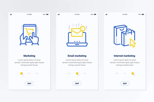 Marketing Mail Marketing Internetový Marketing Vertikální Karty Silnou Metafory Šablony — Stockový vektor