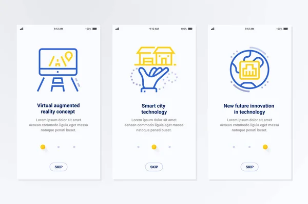 仮想拡張現実の概念 スマートシティの技術 強力な比喩と垂直カード技術の新しい将来の革新 ウェブサイトのデザイン用のテンプレート — ストックベクタ