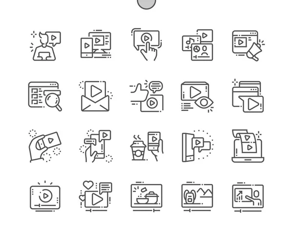 Video Redes Sociales Pixel Perfect Vector Thin Line Iconos Grid — Vector de stock