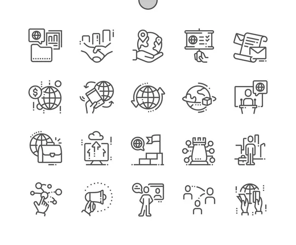 Global Business Pixel Perfect Vector Thin Line Iconos Rejilla Para — Vector de stock