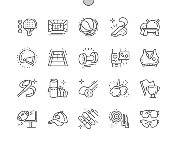 Equipamiento Deportivo Pixel Perfect Vector Thin Line Iconos Grid Web — Vector de stock