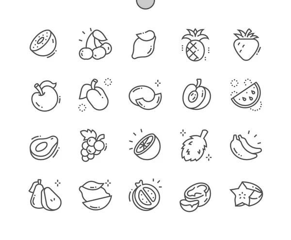 Frutas Píxel Bien Elaborado Vector Perfecto Iconos Línea Delgada Rejilla — Archivo Imágenes Vectoriales